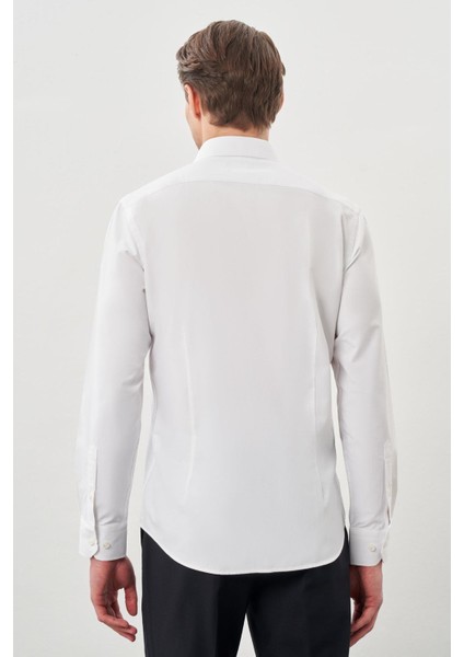 Beyaz Uzun Kol Kendinden Desenli Armürlü Sert Yaka Cepsiz Pamuklu Classic Slim Fit Gömlek 1004245226_600 indirimleri