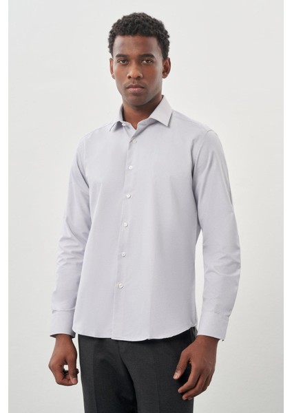 Gri Uzun Kol Kendinden Desenli Armürlü Sert Yaka Cepsiz Pamuklu Classic Slim Fit Gömlek 1004245226_100