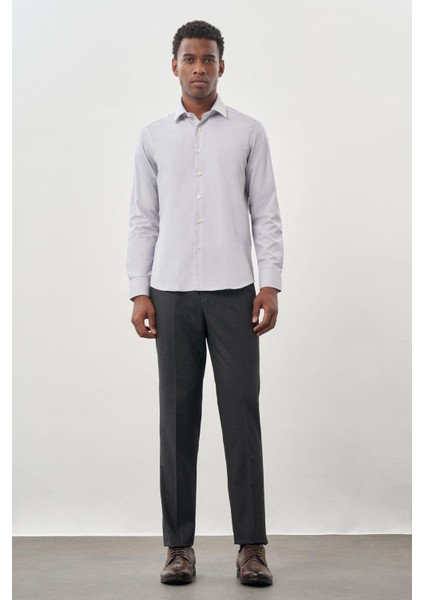 Gri Uzun Kol Kendinden Desenli Armürlü Sert Yaka Cepsiz Pamuklu Classic Slim Fit Gömlek 1004245226_100 fiyatları