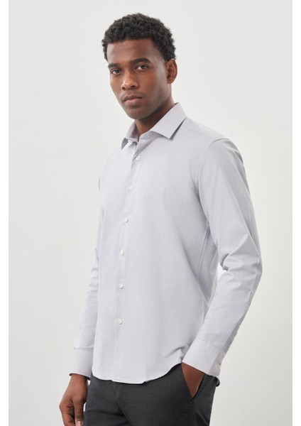 Gri Uzun Kol Kendinden Desenli Armürlü Sert Yaka Cepsiz Pamuklu Classic Slim Fit Gömlek 1004245226_100 modelleri