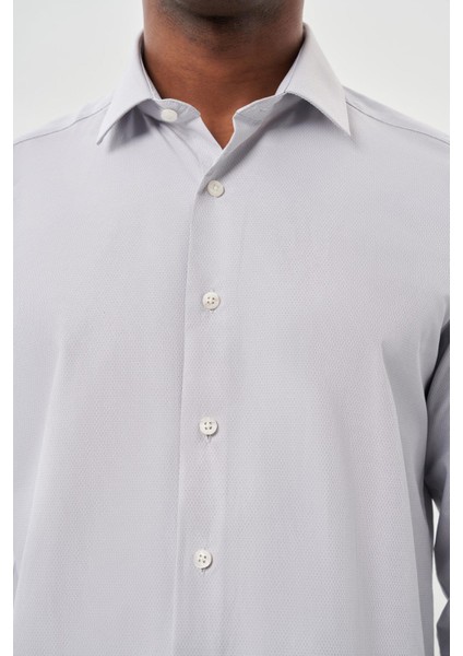 Gri Uzun Kol Kendinden Desenli Armürlü Sert Yaka Cepsiz Pamuklu Classic Slim Fit Gömlek 1004245226_100 fırsatları