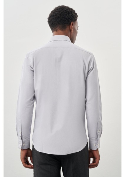 Gri Uzun Kol Kendinden Desenli Armürlü Sert Yaka Cepsiz Pamuklu Classic Slim Fit Gömlek 1004245226_100 indirimleri