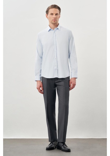 Koyu Mavi Uzun Kol Düz Bez Ayağı Sert Yaka Cepsiz Esnek Classic Slim Fit Gömlek 1004245223_300