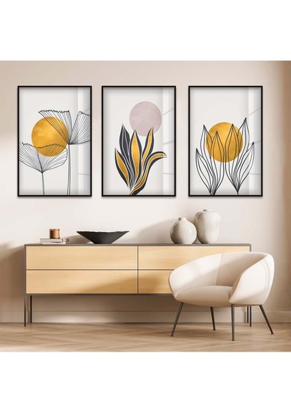 SOYUT DESEN BİTKİ VE GÜNEŞ 3'LÜ METAL ÇERÇEVELİ CAM TABLO SETİ
