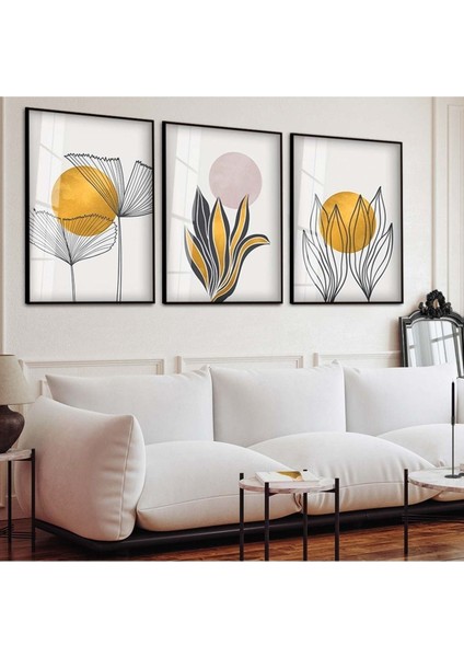 SOYUT DESEN BİTKİ VE GÜNEŞ 3'LÜ METAL ÇERÇEVELİ CAM TABLO SETİ fiyatları