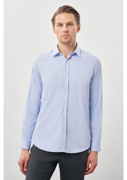 Mavi Uzun Kol Düz Bez Ayağı Sert Yaka Cepsiz Esnek Classic Slim Fit Gömlek 1004245223_301