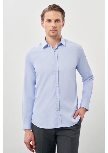 Mavi Uzun Kol Düz Bez Ayağı Sert Yaka Cepsiz Esnek Classic Slim Fit Gömlek 1004245223_301 fiyatları
