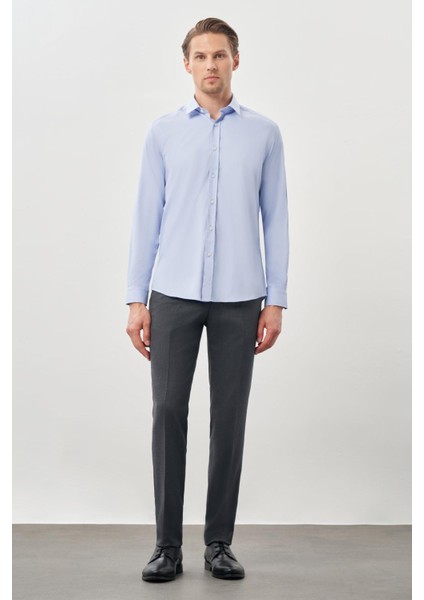 Mavi Uzun Kol Düz Bez Ayağı Sert Yaka Cepsiz Esnek Classic Slim Fit Gömlek 1004245223_301 modelleri
