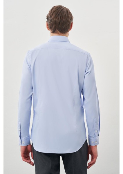 Mavi Uzun Kol Düz Bez Ayağı Sert Yaka Cepsiz Esnek Classic Slim Fit Gömlek 1004245223_301 indirimleri