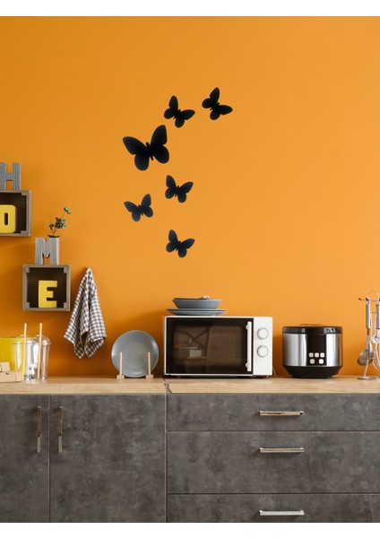 Dekoratif Ahşap 6lı Kelebek Duvar Süsü Siyah 50X40 Lazer Kesim Duvar Dekoru