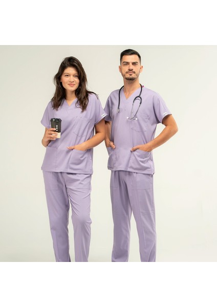 Core Flex Lüks Likralı Unisex Medikal Lila Alt Üst Takım Doktor Hemşire Scrubs
