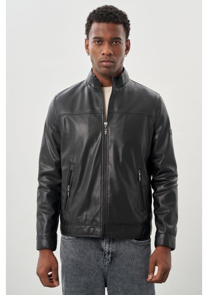Siyah Suni Deri Hakim Yaka Düz Yırtmaçsız Tam Astar Slim Fit Casual Deri Mont 1038245151