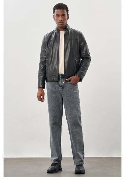 Siyah Suni Deri Hakim Yaka Düz Yırtmaçsız Tam Astar Slim Fit Casual Deri Mont 1038245151