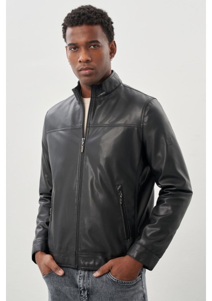 Siyah Suni Deri Hakim Yaka Düz Yırtmaçsız Tam Astar Slim Fit Casual Deri Mont 1038245151