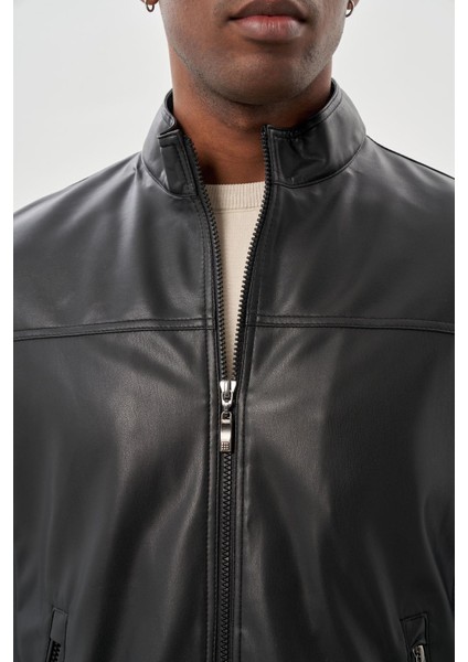 Siyah Suni Deri Hakim Yaka Düz Yırtmaçsız Tam Astar Slim Fit Casual Deri Mont 1038245151