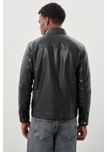 Siyah Suni Deri Hakim Yaka Düz Yırtmaçsız Tam Astar Slim Fit Casual Deri Mont 1038245151
