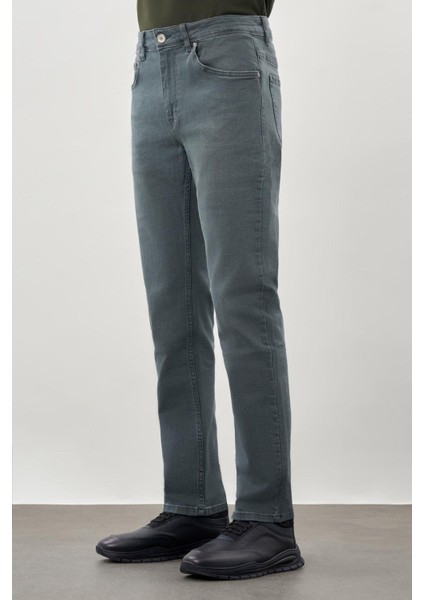 Su Yeşili Düz Gabardin Pamuklu 5 Cep Slim Fit Casual Denim Pantolon 1023245158