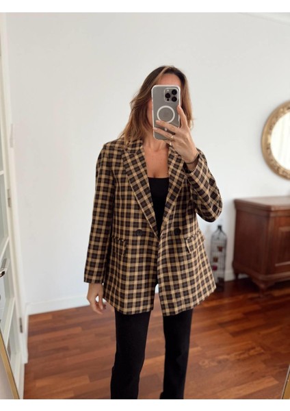 Kadın Double Kumaş Astarlı Vintage Kareli Blazer Ceket