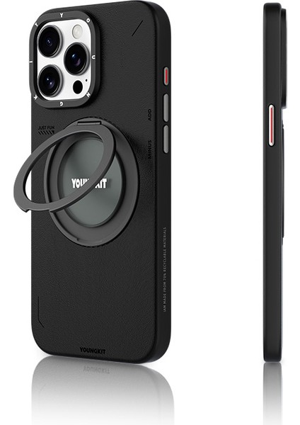 iPhone 15 Pro Max Kılıf Magsafe Özellikli 360 Standlı Deri Desenli Tech Leather Seri Siyah