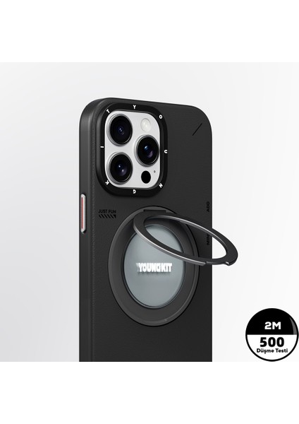 iPhone 15 Pro Max Kılıf Magsafe Özellikli 360 Standlı Deri Desenli Tech Leather Seri Siyah modelleri