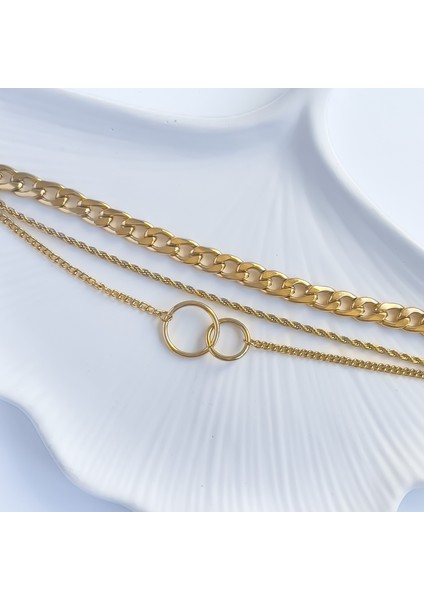 Ortası Halka Gold Üçlü Çelik Bileklik modelleri