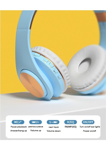 Bluetooth Kulaklık, Kedi Kulak LED Işıklı Kablosuz Kulaklık (Mavi) (Yurt Dışından)