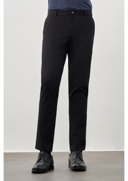 Siyah Kendinden Desenli Bez Ayağı Pamuklu Yan Cep Slim Fit Casual Pantolon 1003245168