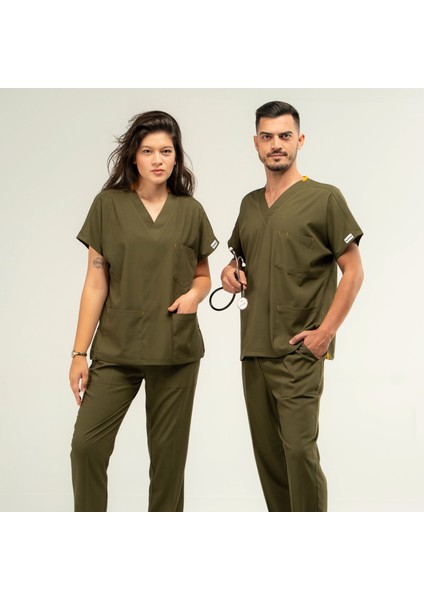 Core Flex Lüks Likralı Unisex Medikal Haki Alt Üst Takım Doktor Hemşireuniforma