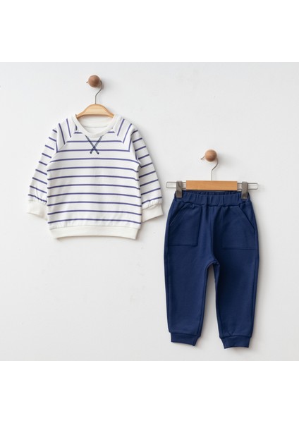 Erkek Bebek Lacivert Çizgili Sweat Pantolon 2’li Takım