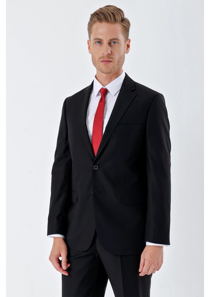 Siyah Gabardin Mono Yaka 8 Drop Slim Fit Dar Kesim Basic Takım Elbise 1001240006