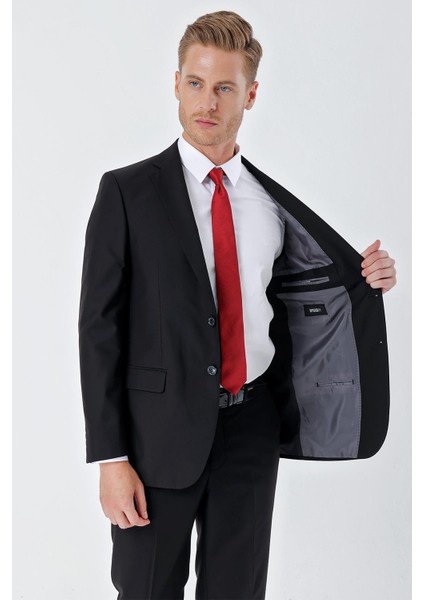 Siyah Gabardin Mono Yaka 8 Drop Slim Fit Dar Kesim Basic Takım Elbise 1001240006