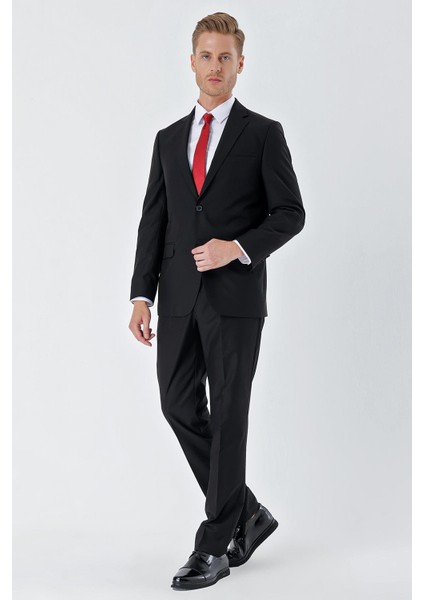 Siyah Gabardin Mono Yaka 8 Drop Slim Fit Dar Kesim Basic Takım Elbise 1001240006