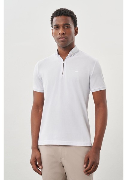 Beyaz Kısa Kol Düz Pike Polo Yaka Cepsiz Pamuk Casual Slim Fit Tişört 1011245900_600