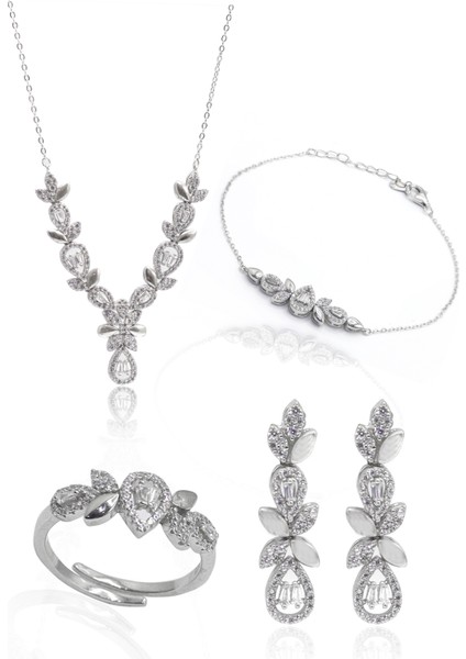 Zirkon Taşlı Damla Model 925 Ayar Gümüş Dörtlü Set 201023538