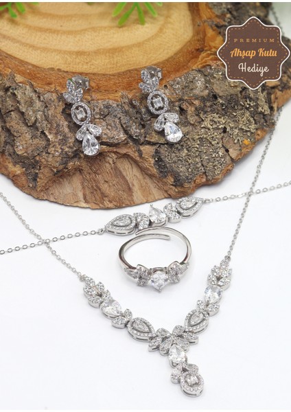 Zirkon Taşlı Damla Model 925 Ayar Gümüş Dörtlü Set 201023538