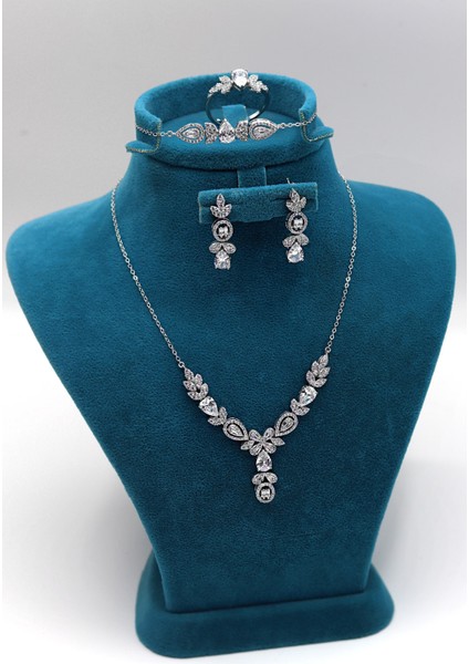 Zirkon Taşlı Damla Model 925 Ayar Gümüş Dörtlü Set 201023538