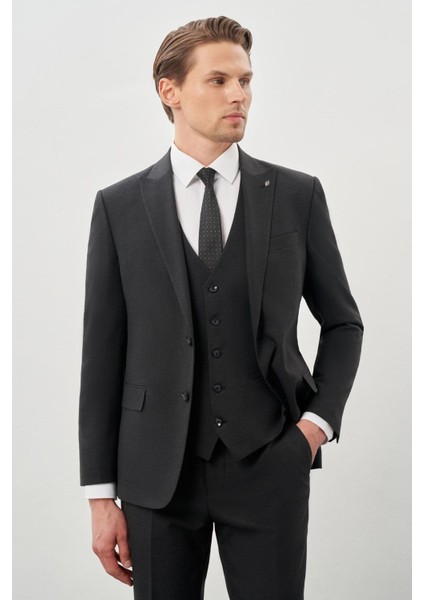 Koyu Antrasit Bez Ayağı Mono Yaka Tam Astar Esnek 6 Drop Comfort Fit Takım Elbise 1001245900