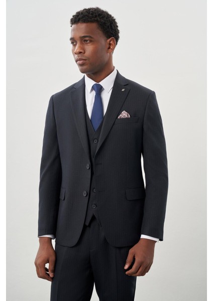 Koyu Lacivert Bez Ayağı Kılıç Yaka Tam Astar Yelekli 6 Drop Slim Fit Takım Elbise 1001245177