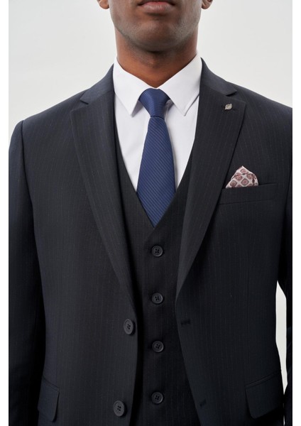 Koyu Lacivert Bez Ayağı Kılıç Yaka Tam Astar Yelekli 6 Drop Slim Fit Takım Elbise 1001245177