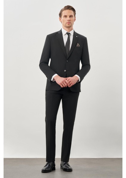 Siyah Düz Bez Ayağı Mono Yaka 2 Düğme Esnek 6 Drop Slim Fit Classic Takım Elbise 1001245178_001