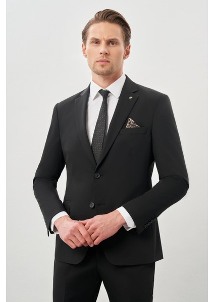 Siyah Düz Bez Ayağı Mono Yaka 2 Düğme Esnek 6 Drop Slim Fit Classic Takım Elbise 1001245178_001