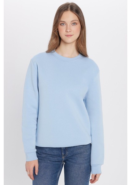 Unisex Oversize Geniş Kesim Pamuklu Yumuşak Dokulu İçi Polarlı Basic Mavi Bisiklet Yaka Sweatshirt