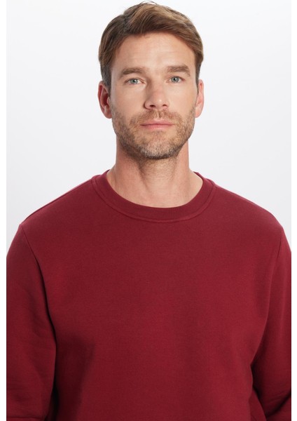 Oversize Geniş Kesim Pamuklu Yumuşak Dokulu İçi Polarlı Basic Bordo Bisiklet Yaka Sweatshirt