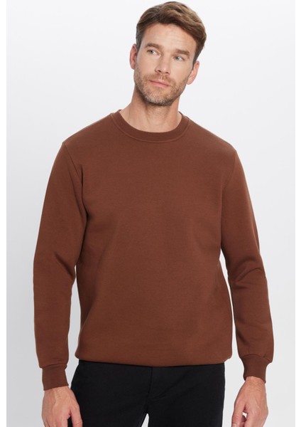 Unisex Oversize Geniş Kesim Pamuklu Yumuşak Dokulu Polarlı Basic Kahverengi Bisiklet Yaka Sweatshirt