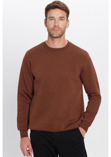 Unisex Oversize Geniş Kesim Pamuklu Yumuşak Dokulu Polarlı Basic Kahverengi Bisiklet Yaka Sweatshirt