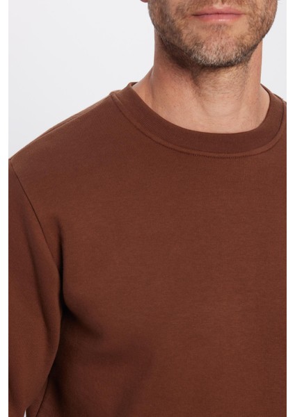 Unisex Oversize Geniş Kesim Pamuklu Yumuşak Dokulu Polarlı Basic Kahverengi Bisiklet Yaka Sweatshirt