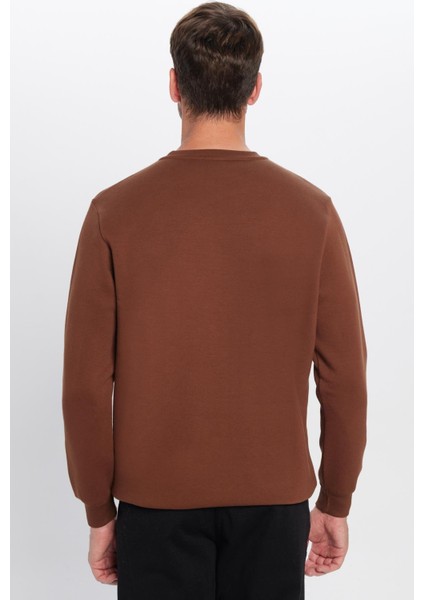 Unisex Oversize Geniş Kesim Pamuklu Yumuşak Dokulu Polarlı Basic Kahverengi Bisiklet Yaka Sweatshirt