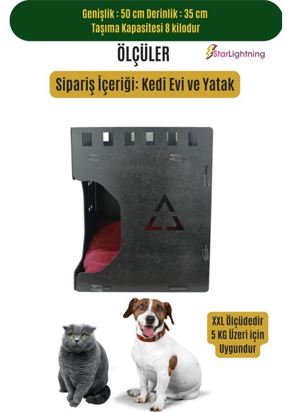 Ahşap Büyük Kedi Yatağı Premium Kalite Siyah Kedi Evi 50x35 cm Parlak Boyalı Küp Model