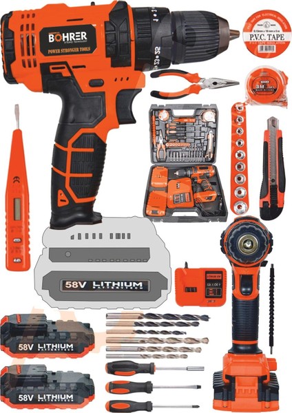 58V 5AH Darbeli Metal Şanzıman 32 Parça Full Set Dark Orange Çift Akülü Şarjlı Vidalama Matkap fiyatları