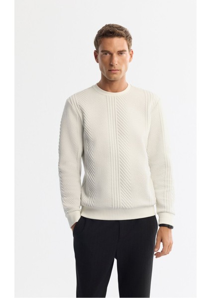 Erkek Ekru Bisiklet Yaka Baskılı Elastan Sweatshirt A42y1279